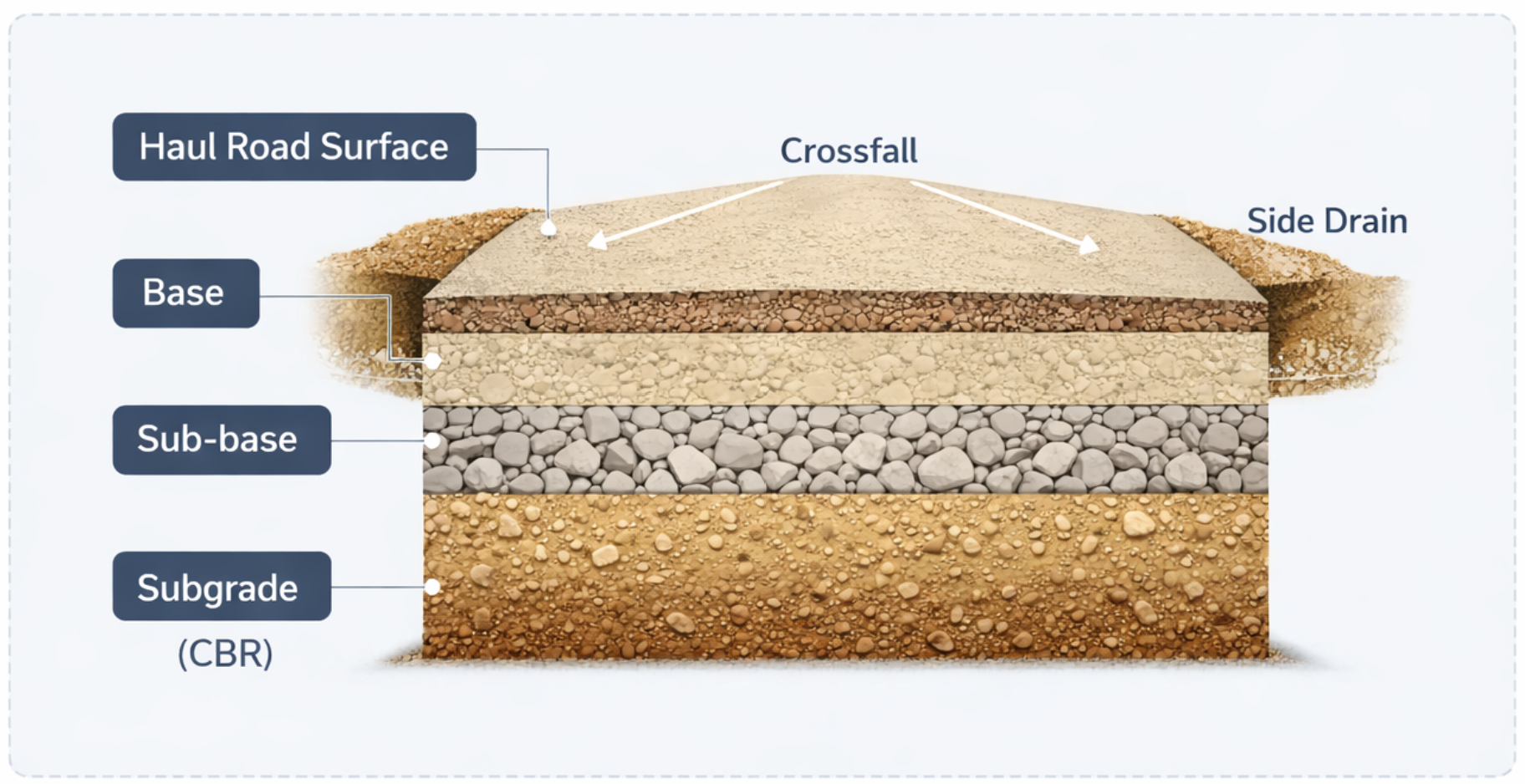 Pavement layer design diagram showing base, sub-base and subgrade layers